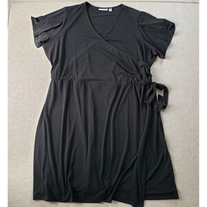 Susan Graver Liquid Knit Black‎ Dress Sz 3X Faux Wrap Flutter Sleeve Stretch